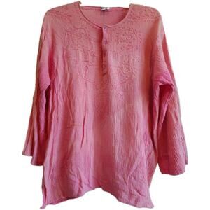 Vintage Geeta Indian Cotton Gauze Tunic Top Pink Embroidered Boho Hippie Free...